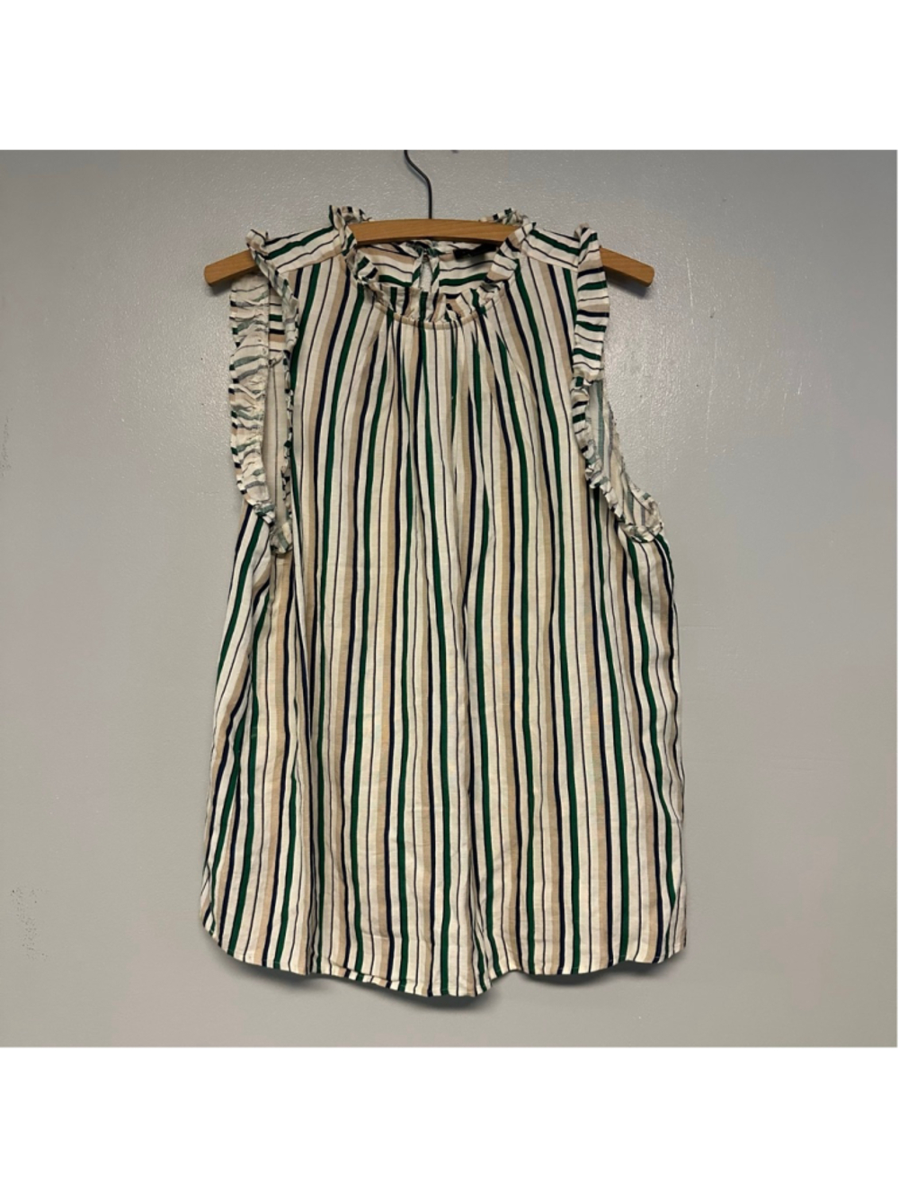 Ann Taylor Factory size medium Striped Ruffle Blouse White Green mock neck - Picture 6 of 7